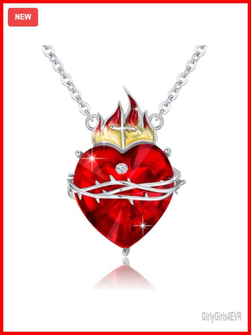 Sacred Heart Necklace Sterling Silver Cubic Zirconia Pendant Christian Gift